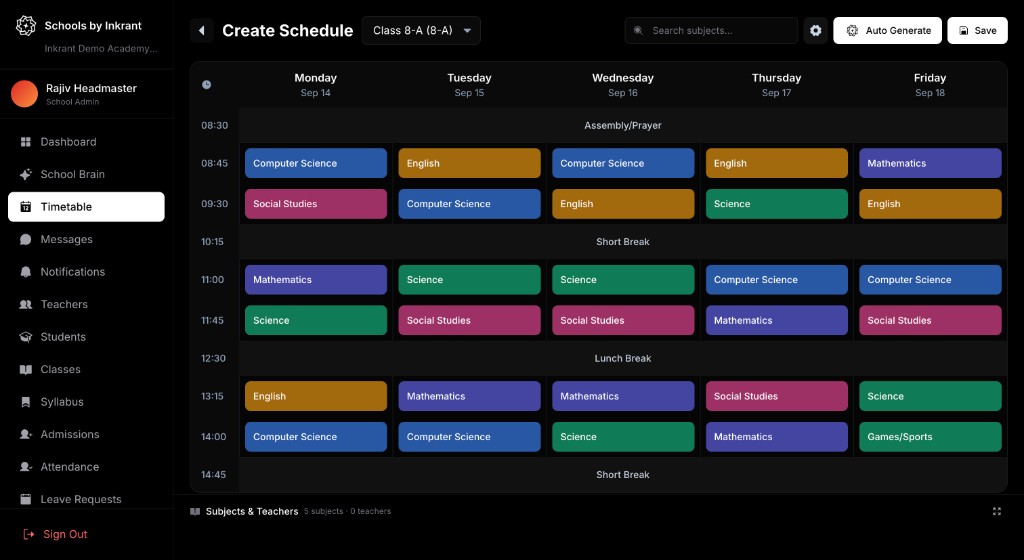Timetable board view in Schools by Inkrant admin