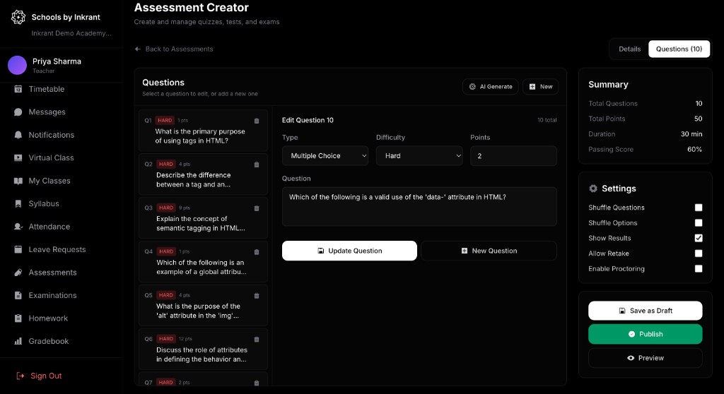 AI assessment creator in Schools by Inkrant with topic selection and generated questions for teacher review