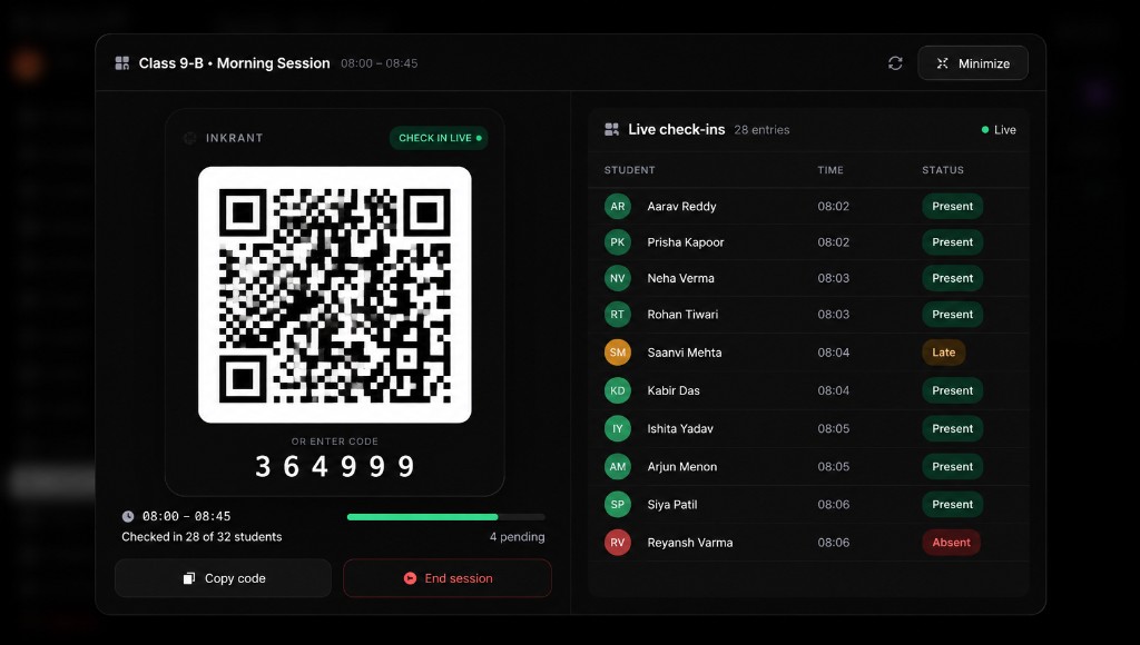 Live class attendance check-in with QR code, student present and late statuses, and session progress for Class 9-B