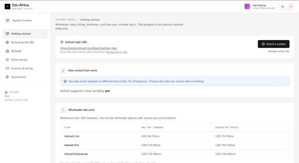 Partner Console showing school enrollment, tiers, and wholesale pricing